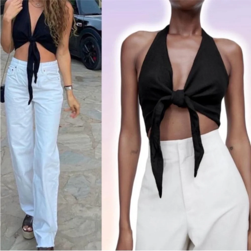 NWT Zara Black Halter Tie-Front Vacation Clean Girl Linen Top - Picture 3 of 7